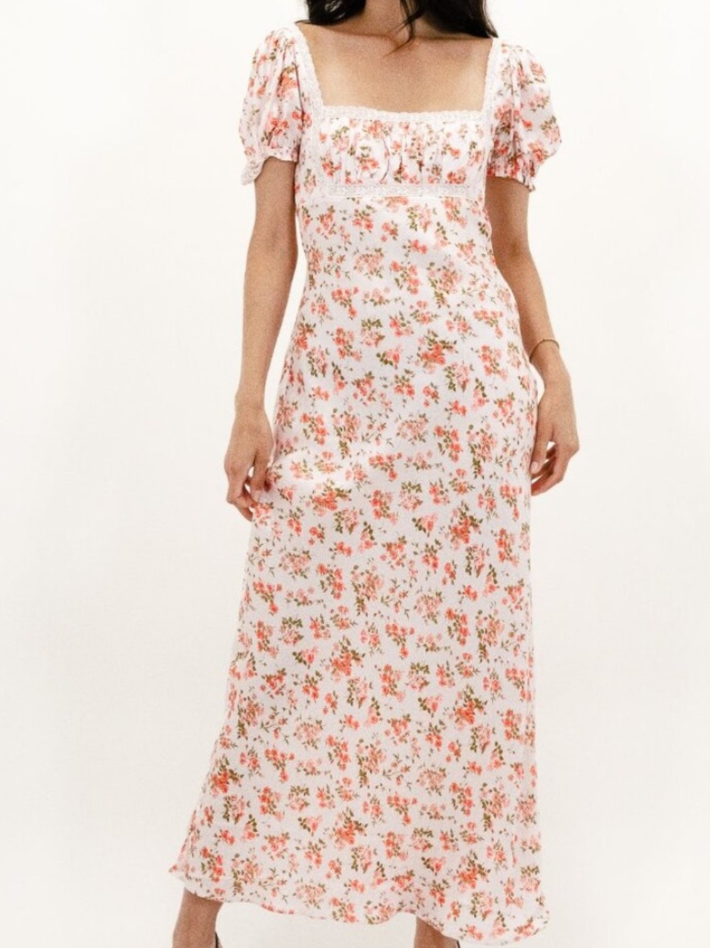 Floral Square-Neck Midi Dress — White with Pink Floral
